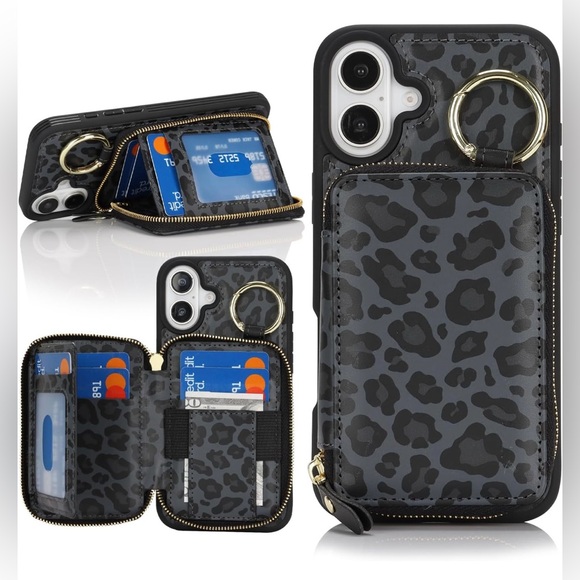 Leopard Print iPhone 16 Plus Case with Card Holder - Picture 1 of 4